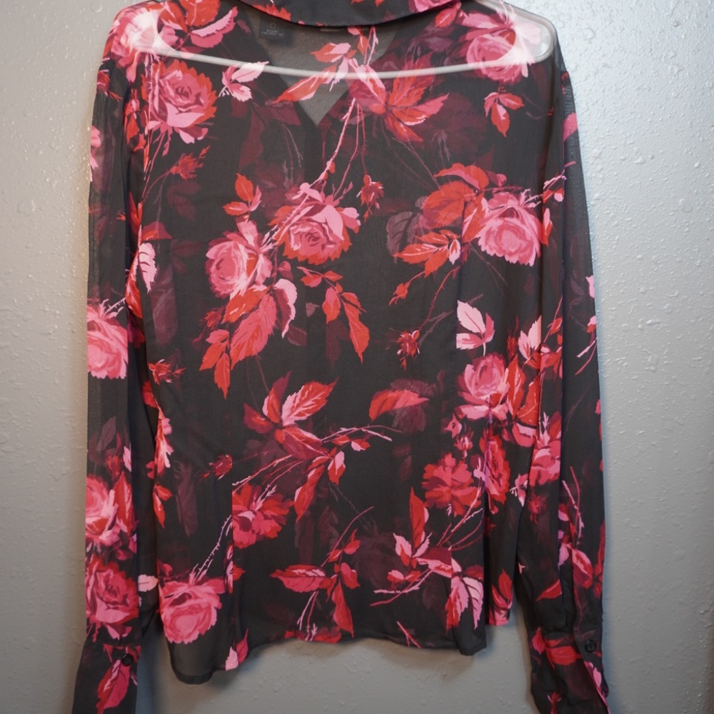 Express Women's Black Pink Red Floral Button Down Sheer Blouse Size 13/14 - Picture 5 of 5